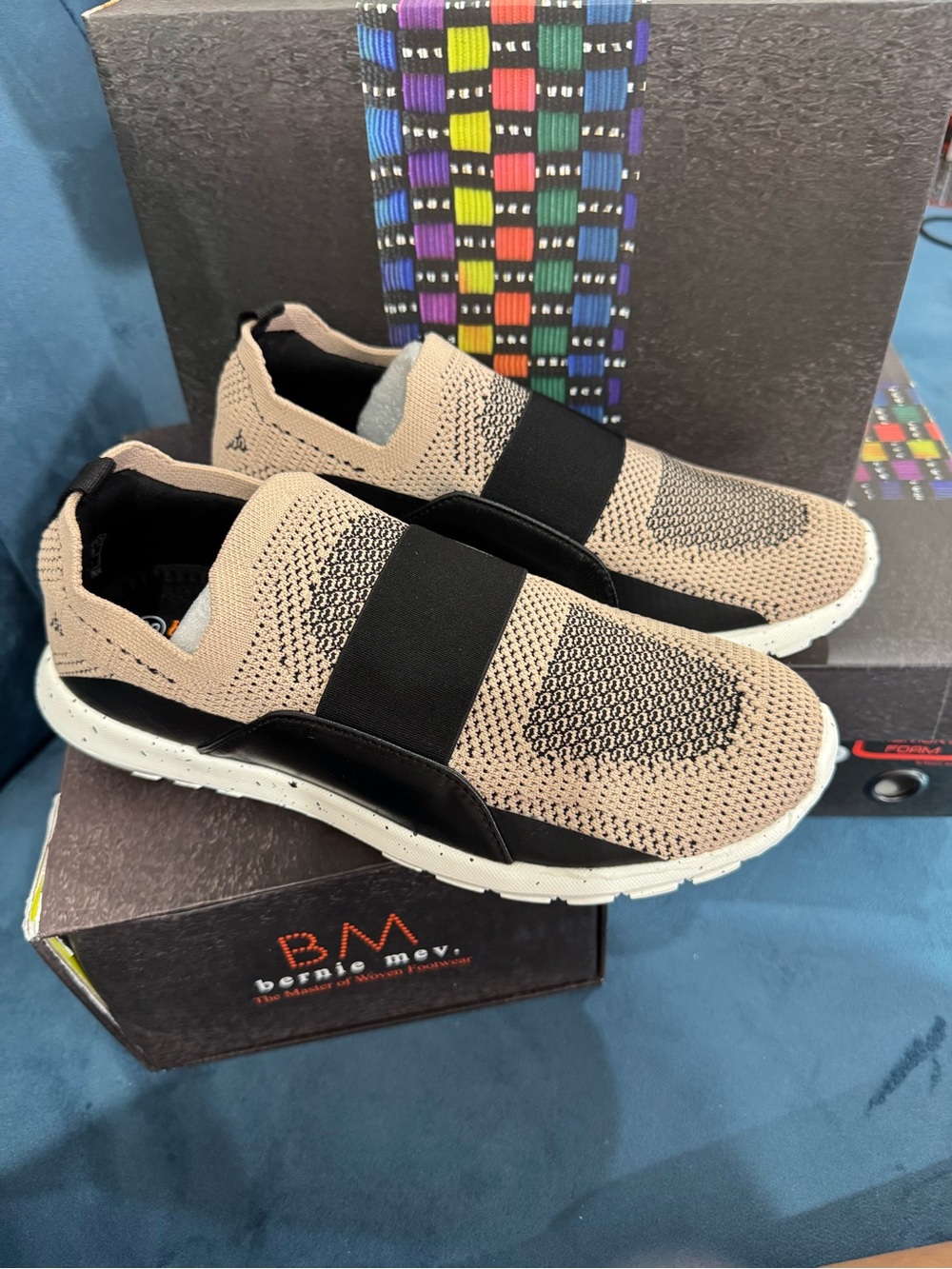 Bernie Mev Slip-On Knit Sneakers in Beige and Black